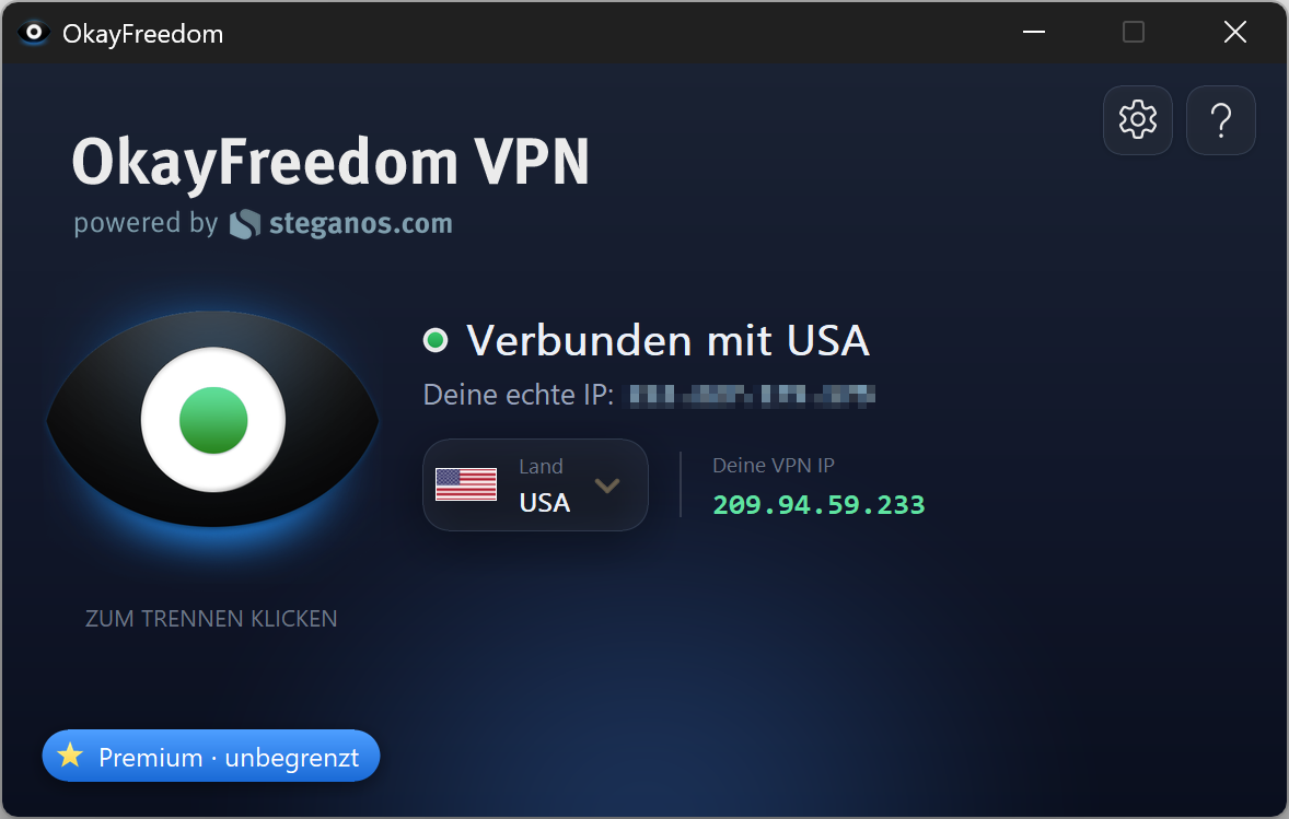 OkayFreedom VPN – App-Screenshot (verbunden)